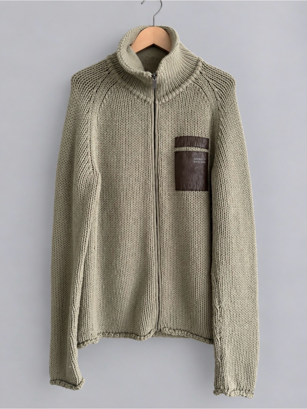 Vintage Diesel Wool Blend Full Zip Sweater XXL leather patch